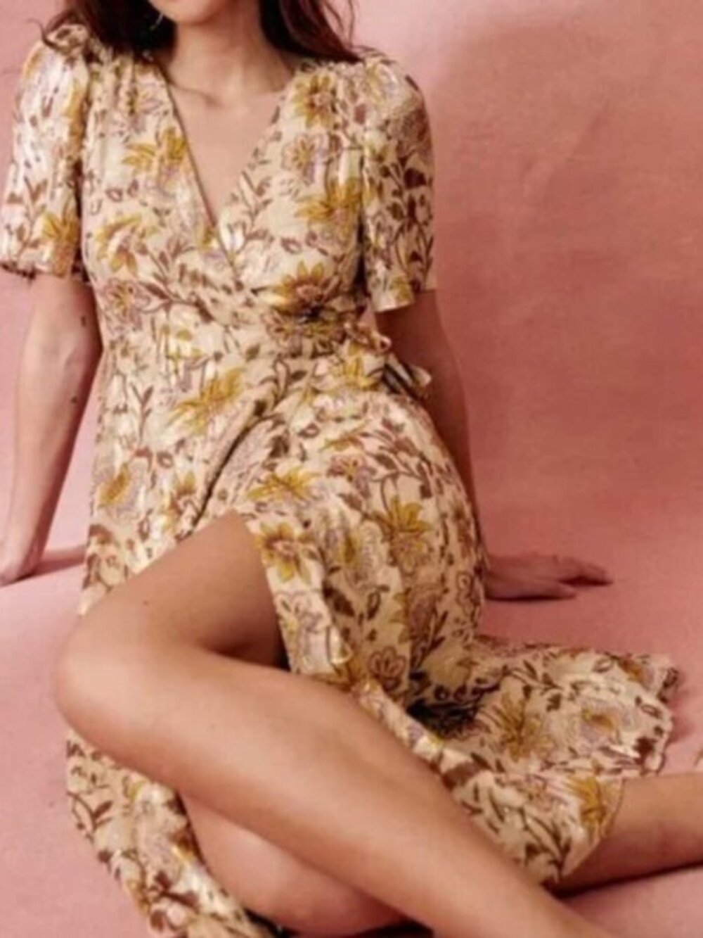 SEZANE ~ Metallic Gold & Yellow Floral Printed Flutter Sleeve Dress ~ 44 ~ sz.12